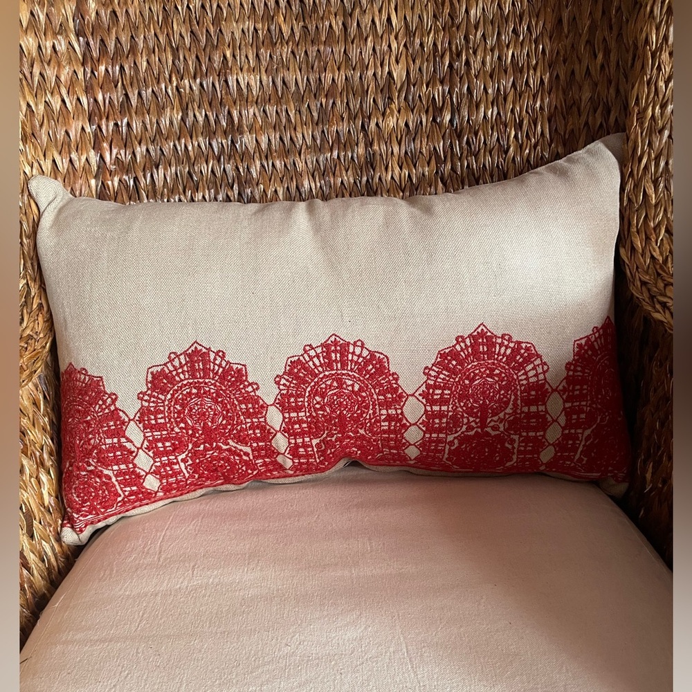 Charlene Mullen Luxury Red and Sand Decorative Embroidered Pillow